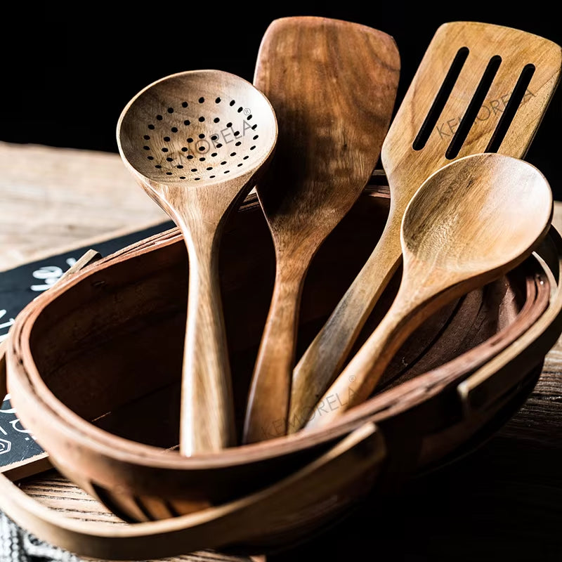 Elevate Your Cooking Experience with Our 9-Piece Eco-Friendly Teak Wooden Utensils Set, Complete with Holder
