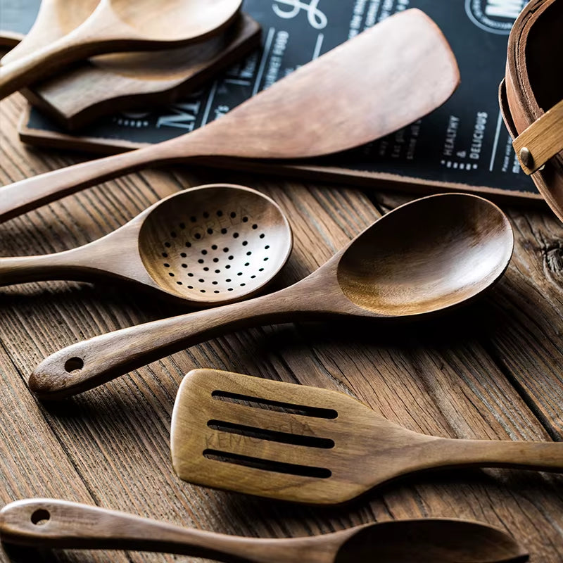 Elevate Your Cooking Experience with Our 9-Piece Eco-Friendly Teak Wooden Utensils Set, Complete with Holder