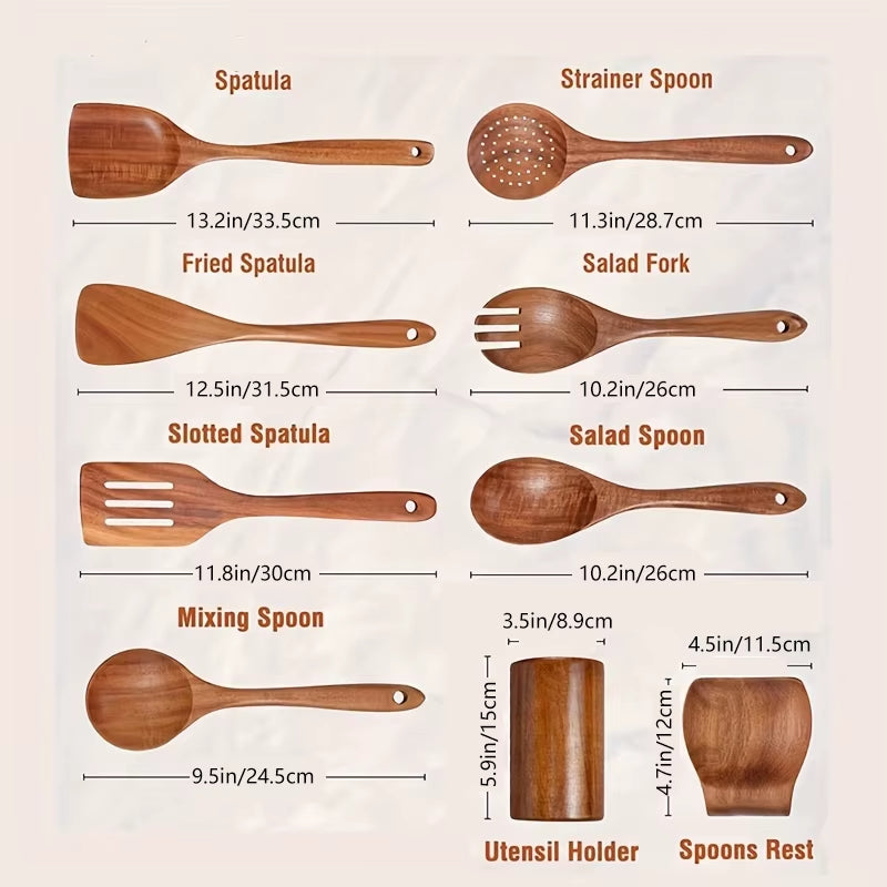 Elevate Your Cooking Experience with Our 9-Piece Eco-Friendly Teak Wooden Utensils Set, Complete with Holder