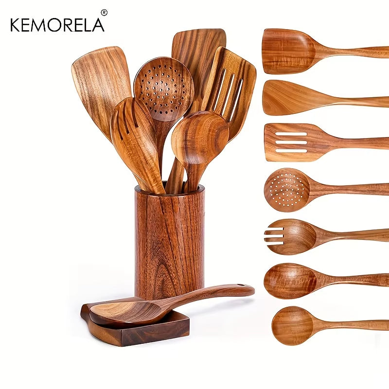 Elevate Your Cooking Experience with Our 9-Piece Eco-Friendly Teak Wooden Utensils Set, Complete with Holder