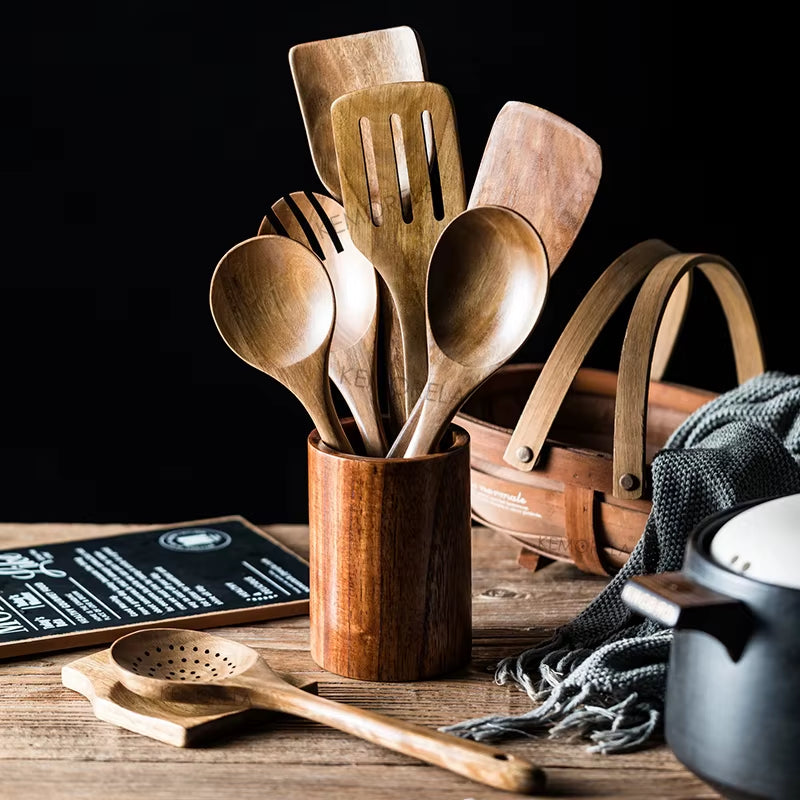 Elevate Your Cooking Experience with Our 9-Piece Eco-Friendly Teak Wooden Utensils Set, Complete with Holder