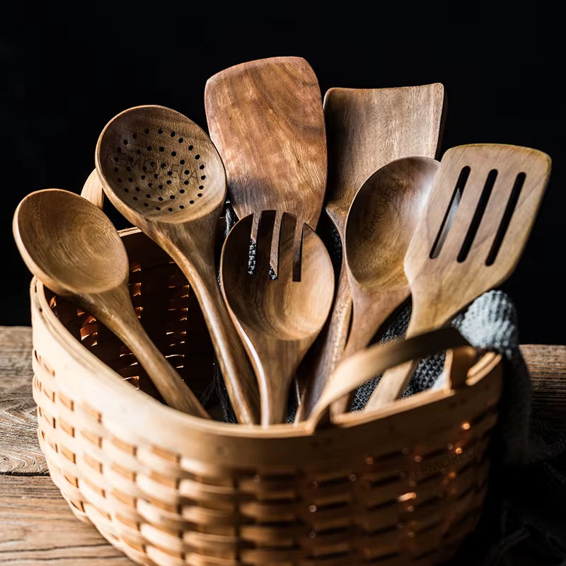 Elevate Your Cooking Experience with Our 9-Piece Eco-Friendly Teak Wooden Utensils Set, Complete with Holder