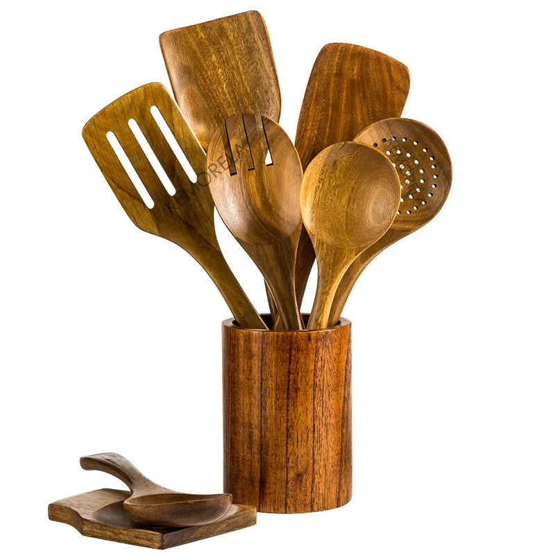 Elevate Your Cooking Experience with Our 9-Piece Eco-Friendly Teak Wooden Utensils Set, Complete with Holder